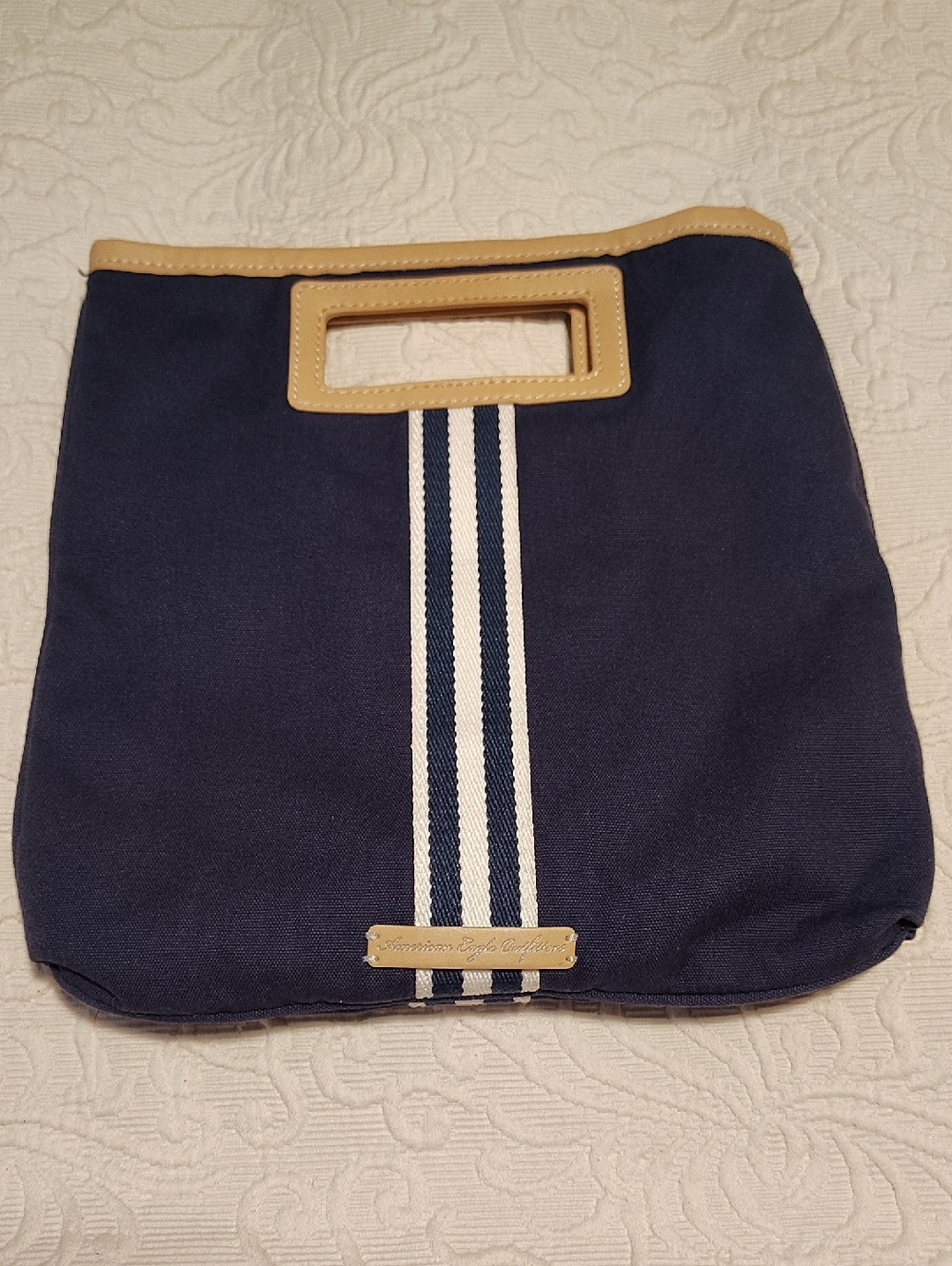 American Eagle Outfitters Navy and White Striped Tote with Tan Accent